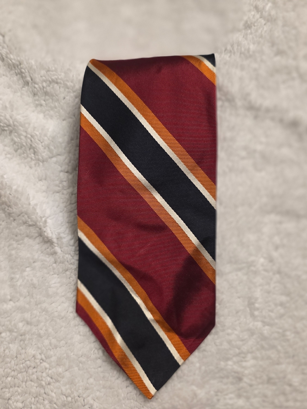 Yves Saint Laurent Burgundy Stripe Silk Tie with Navy, Orange and Cream